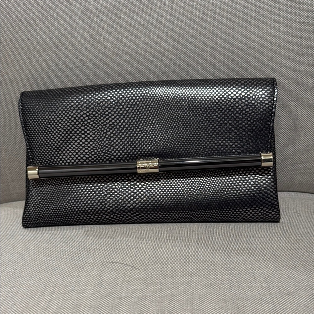 DVF Black Textured Clutch with Gold Accents